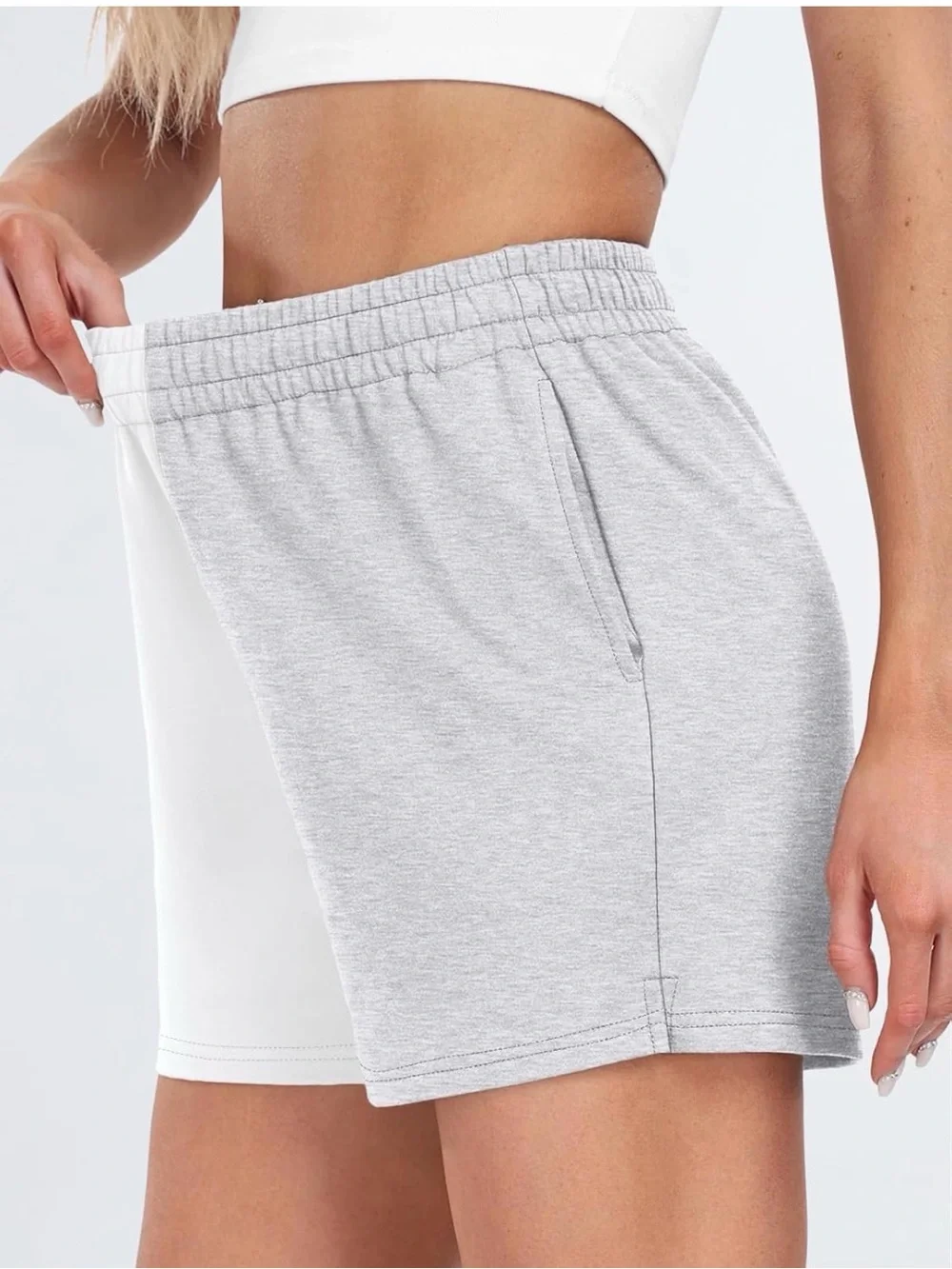 Two-Tone White and Light Gray Women's Drawstring Shorts